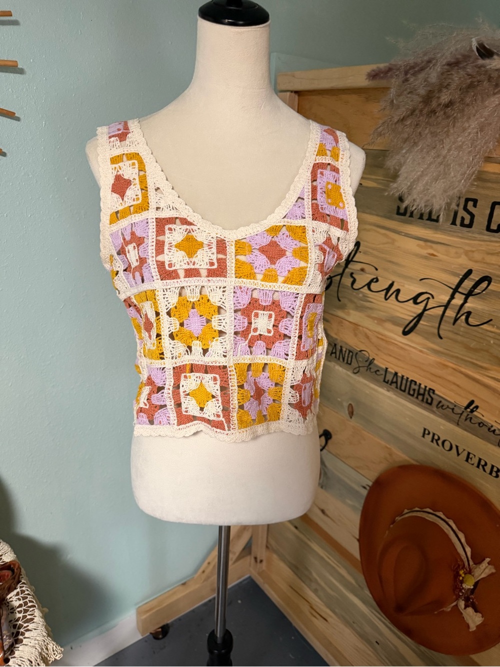 Rebellion Crochet Patchwork Crop Top in Pink, Mustard & White
